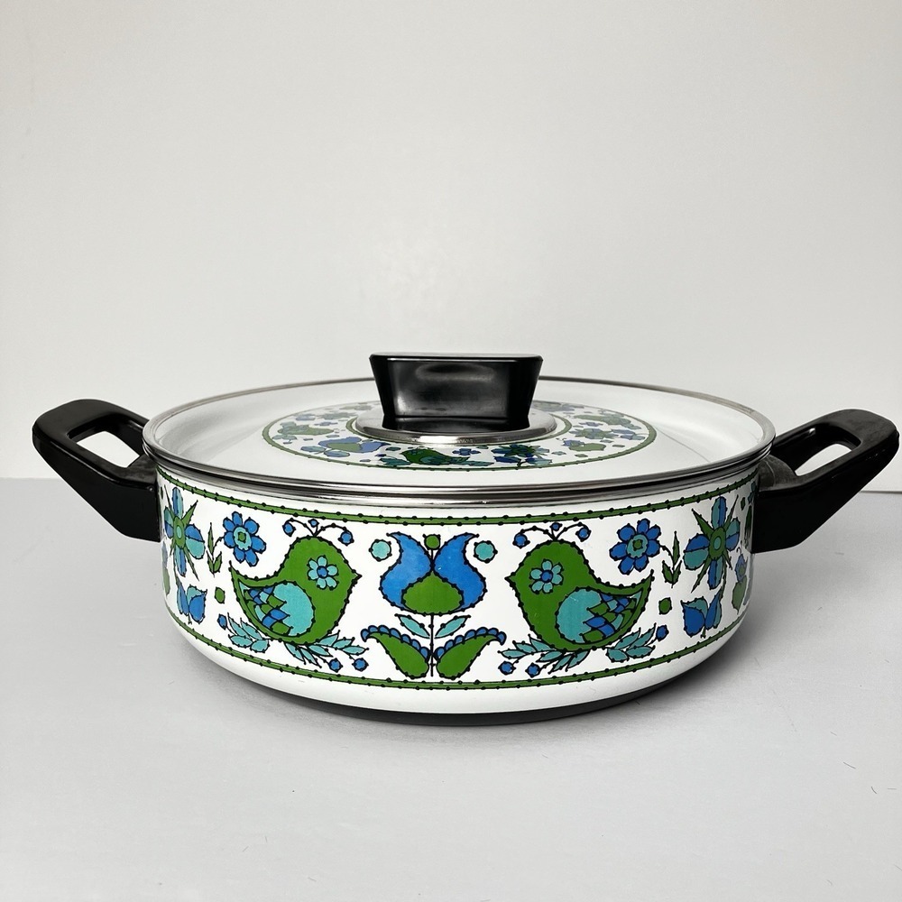 Vintage Fancipans Enamel Saucepan Lid Green Blue Bird Folk Art 1970s Retro Kitch